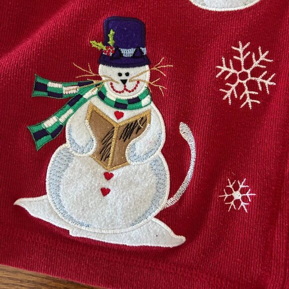 Vintage 80s Christmas CAT Full Zip Embroidered Sweater Size Petite Large Snowman - Picture 3 of 12